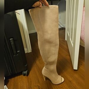 Elegant Beige Women's Knit Knee-High Boots